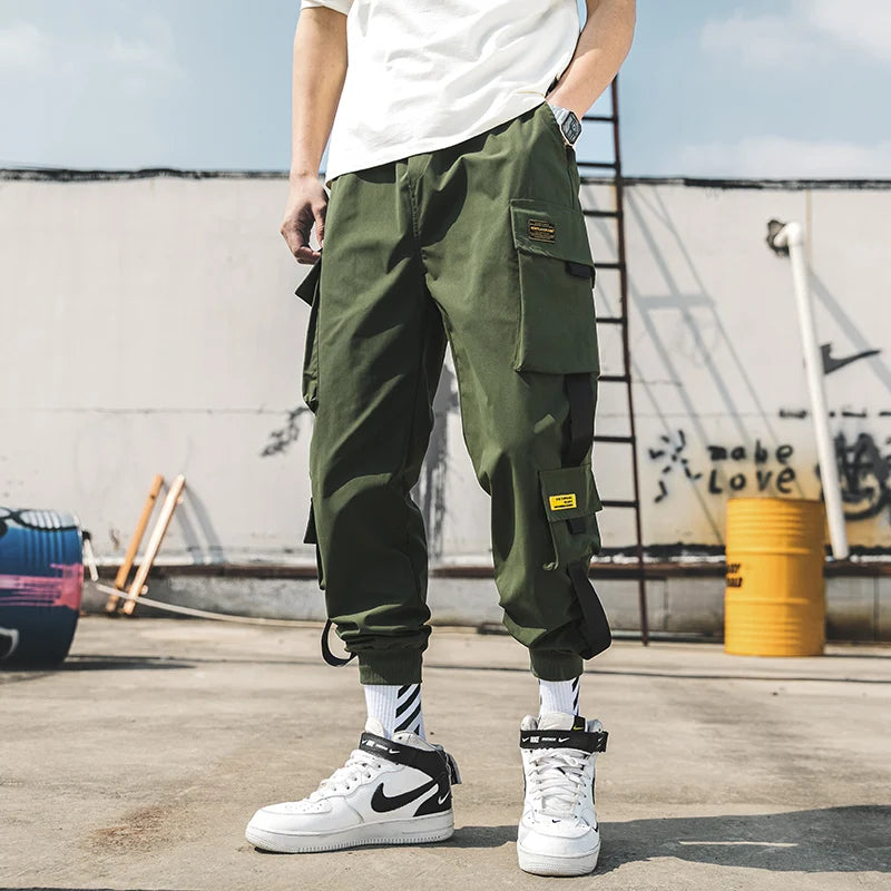 2024 New Hip Hop Joggers Cargo Pants Men Harem Pants Multi-Pocket Ribbons