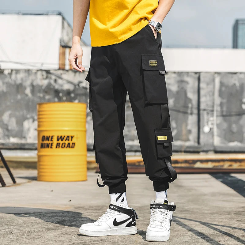 2024 New Hip Hop Joggers Cargo Pants Men Harem Pants Multi-Pocket Ribbons