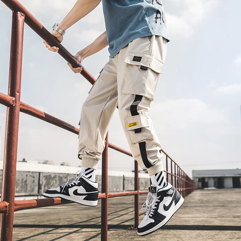 2024 New Hip Hop Joggers Cargo Pants Men Harem Pants Multi-Pocket Ribbons