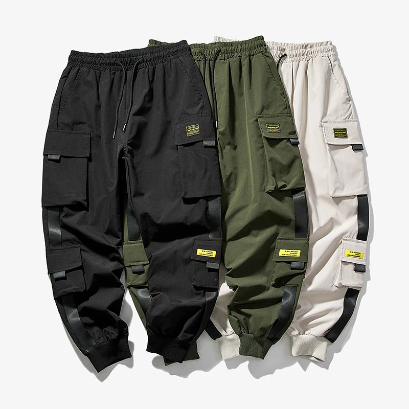 2024 New Hip Hop Joggers Cargo Pants Men Harem Pants Multi-Pocket Ribbons