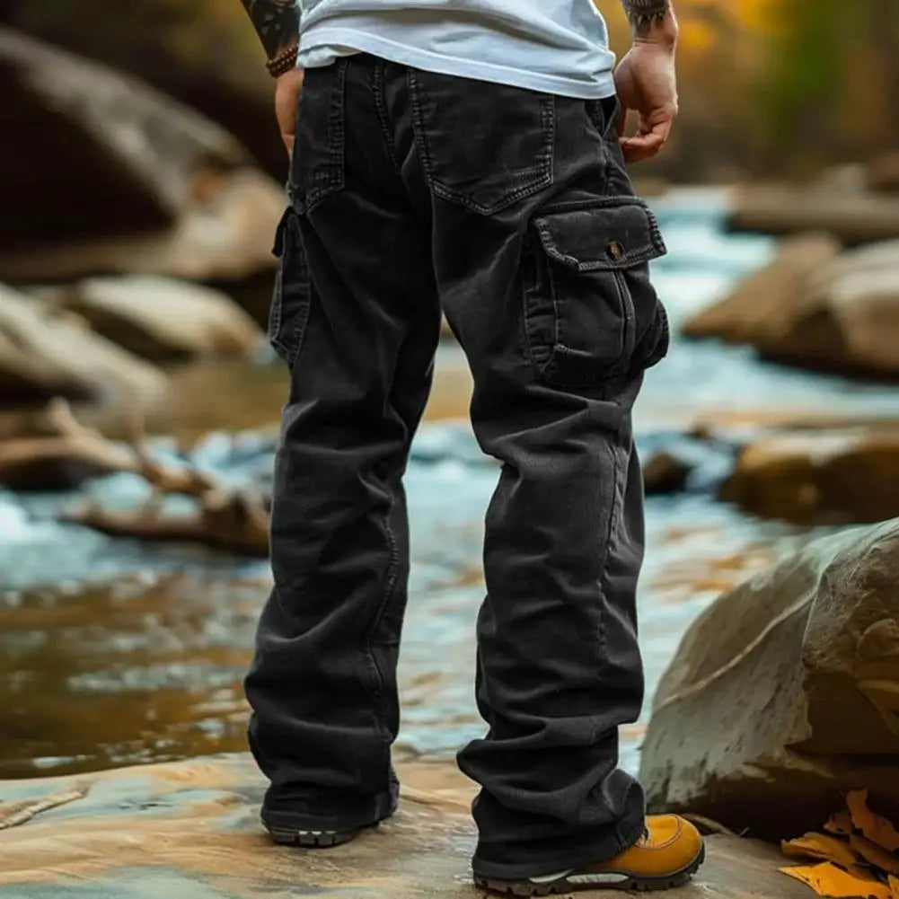 Cargo Pants for Men Retro Style Men's Corduroy Cargo Pants with Multiple Pockets Mid-rise Solid Color Trousers for Wear Long