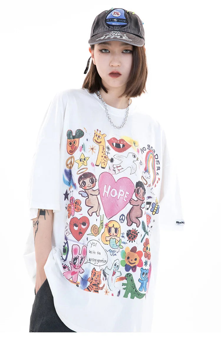 Men Oversize T Shirt Hip Hop Streetwear Painting Letter Heart Rainbow Angels Graphic Tshirt Harajuku Cotton T-Shirt Unisex