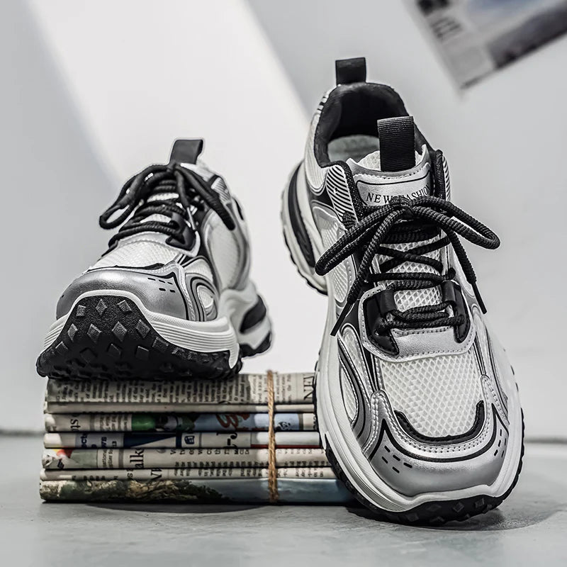 Trendy Unisex Chunky Dad Sneakers | Silver Black Retro Couple Shoes
