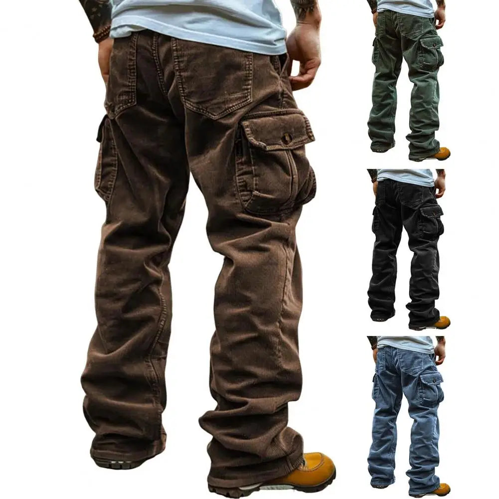 Cargo Pants for Men Retro Style Men's Corduroy Cargo Pants with Multiple Pockets Mid-rise Solid Color Trousers for Wear Long