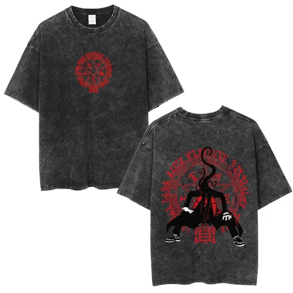 Washed Oversized T Shirt Hellsing Alucard Graphic Women Men Vintage Manga T-shirts Street Cotton Tshirt Harajuku Male Feamel Tee