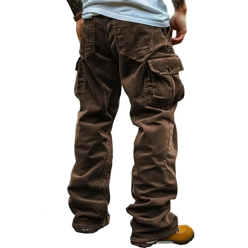 Cargo Pants for Men Retro Style Men's Corduroy Cargo Pants with Multiple Pockets Mid-rise Solid Color Trousers for Wear Long