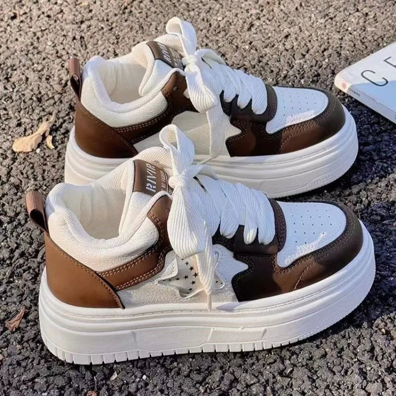 Retro Casual Best - Selling Brown - White Chunky Sneakers, Star Accent & Lace - Up