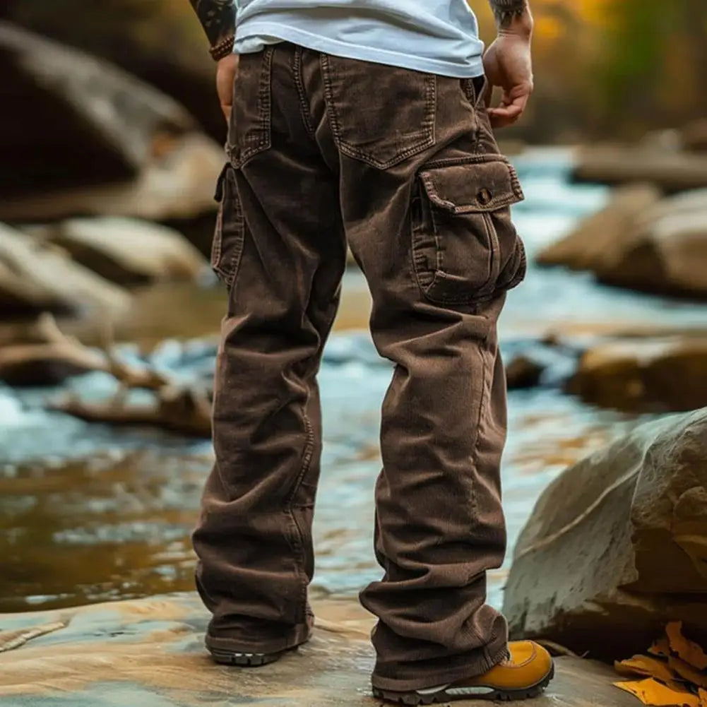 Cargo Pants for Men Retro Style Men's Corduroy Cargo Pants with Multiple Pockets Mid-rise Solid Color Trousers for Wear Long