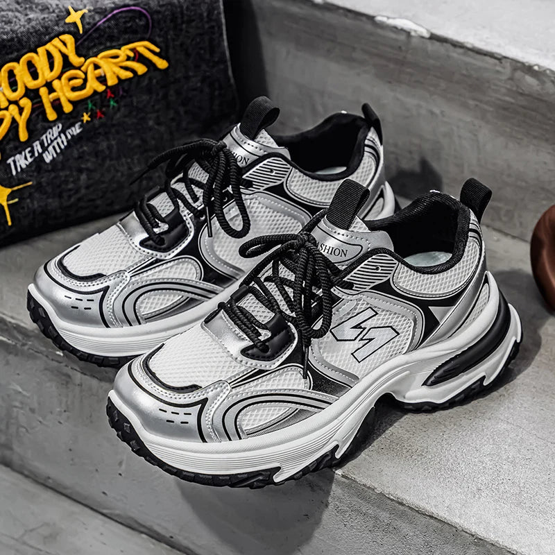 Trendy Unisex Chunky Dad Sneakers | Silver Black Retro Couple Shoes