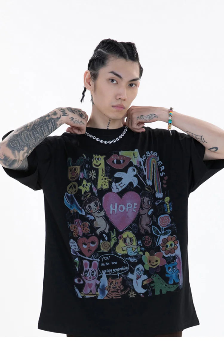 Men Oversize T Shirt Hip Hop Streetwear Painting Letter Heart Rainbow Angels Graphic Tshirt Harajuku Cotton T-Shirt Unisex