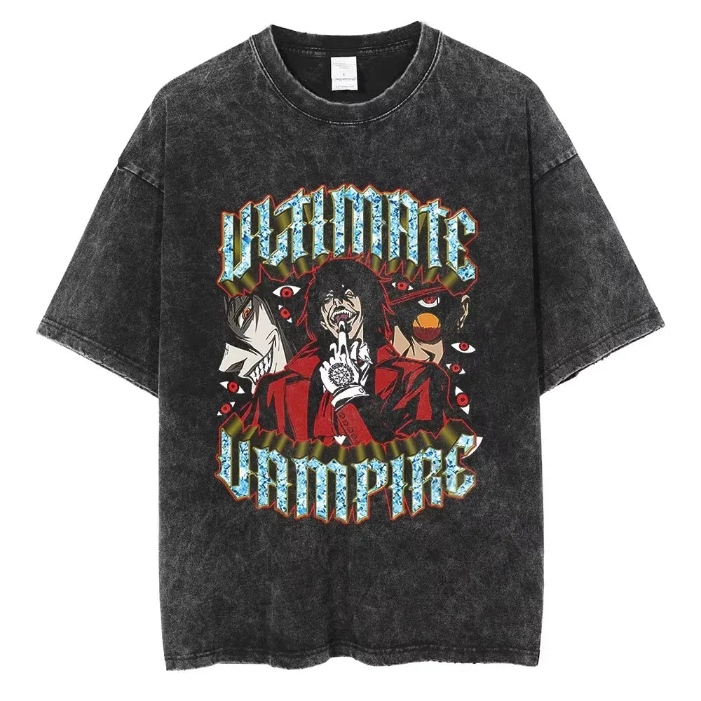Washed Oversized T Shirt Hellsing Alucard Graphic Women Men Vintage Manga T-shirts Street Cotton Tshirt Harajuku Male Feamel Tee