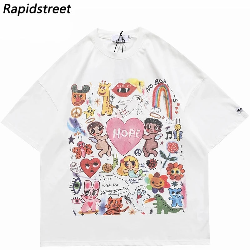 Men Oversize T Shirt Hip Hop Streetwear Painting Letter Heart Rainbow Angels Graphic Tshirt Harajuku Cotton T-Shirt Unisex