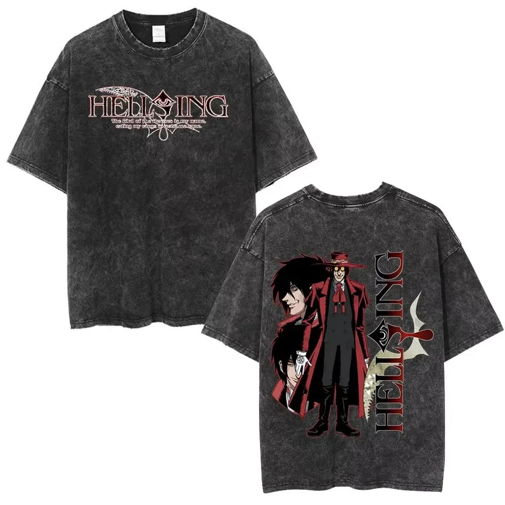 Washed Oversized T Shirt Hellsing Alucard Graphic Women Men Vintage Manga T-shirts Street Cotton Tshirt Harajuku Male Feamel Tee
