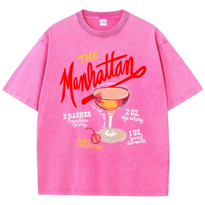 Oversized Women Washed T-Shirts The Manhattan Cherry Cocktail Printed Tee Shirts