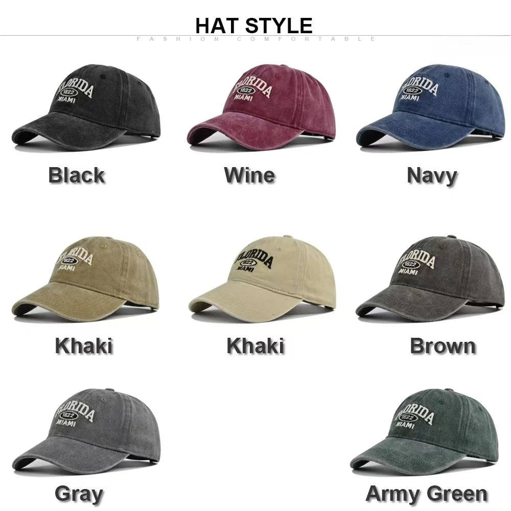 Vintage Washed Cowboy Baseball Cap for Men Women FLORIDA Embroidery