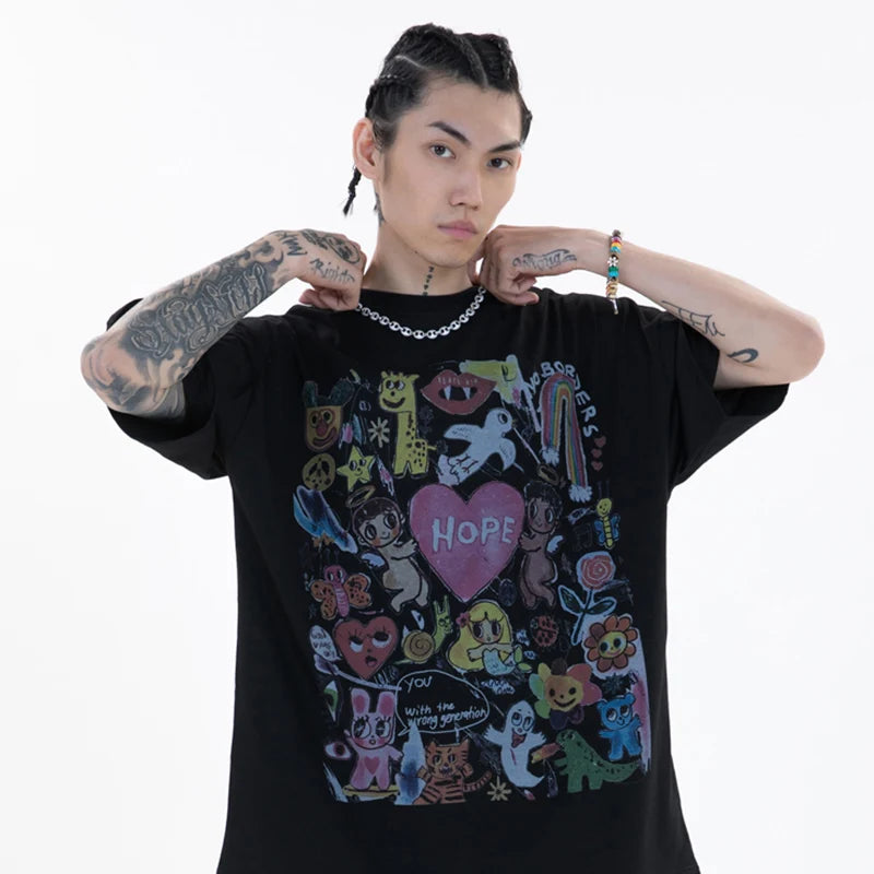 Men Oversize T Shirt Hip Hop Streetwear Painting Letter Heart Rainbow Angels Graphic Tshirt Harajuku Cotton T-Shirt Unisex