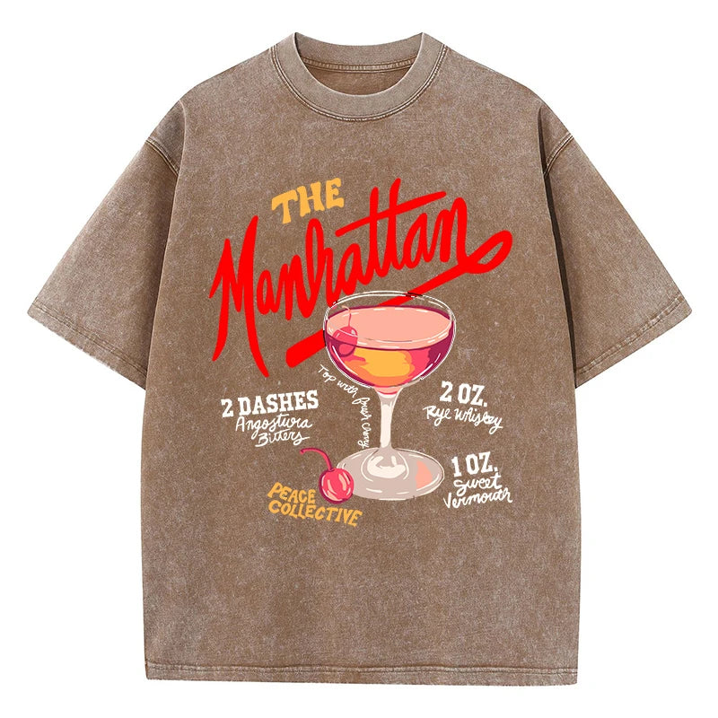 Oversized Women Washed T-Shirts The Manhattan Cherry Cocktail Printed Tee Shirts