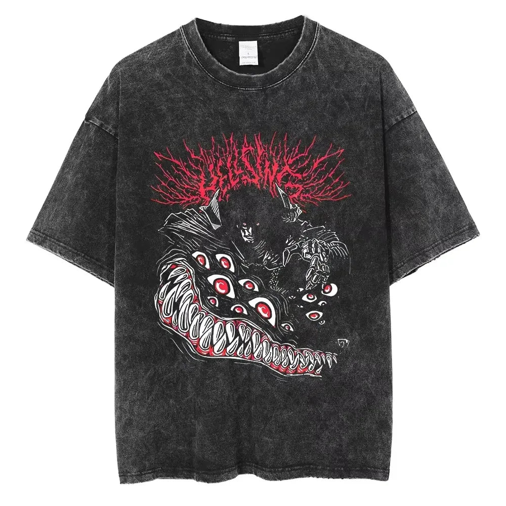 Washed Oversized T Shirt Hellsing Alucard Graphic Women Men Vintage Manga T-shirts Street Cotton Tshirt Harajuku Male Feamel Tee