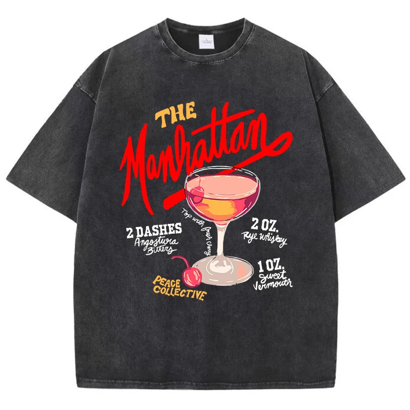 Oversized Women Washed T-Shirts The Manhattan Cherry Cocktail Printed Tee Shirts