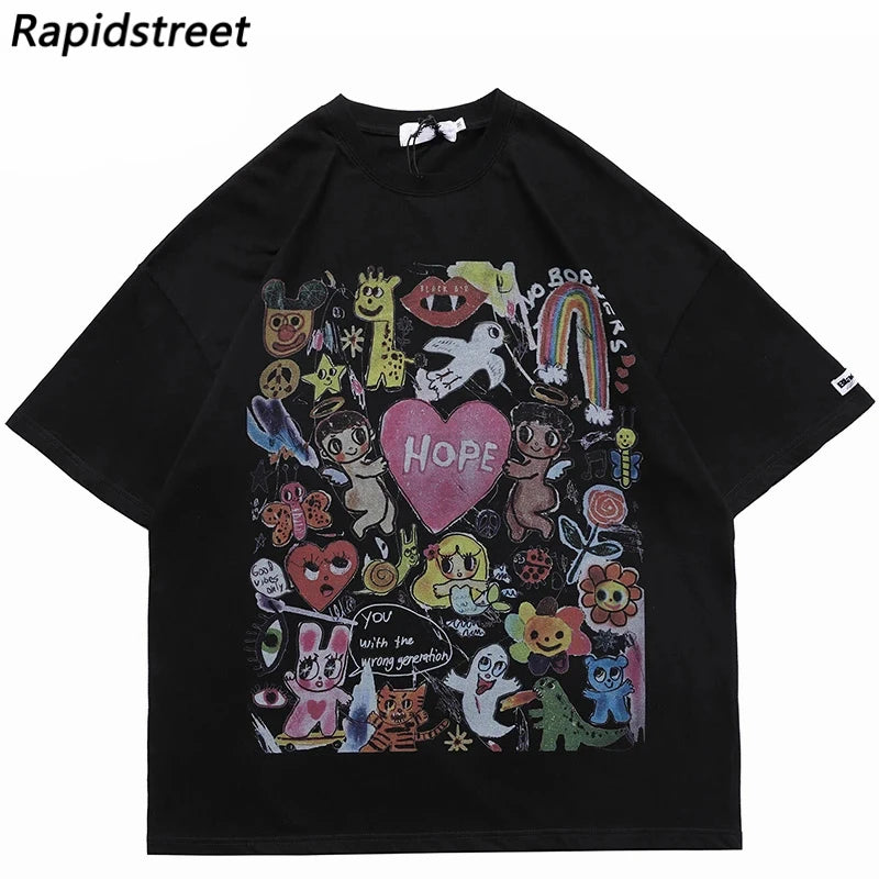 Men Oversize T Shirt Hip Hop Streetwear Painting Letter Heart Rainbow Angels Graphic Tshirt Harajuku Cotton T-Shirt Unisex