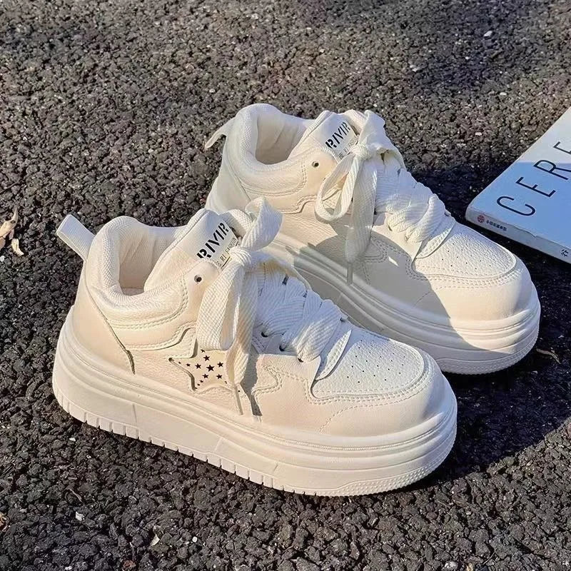Retro Casual Best - Selling Brown - White Chunky Sneakers, Star Accent & Lace - Up