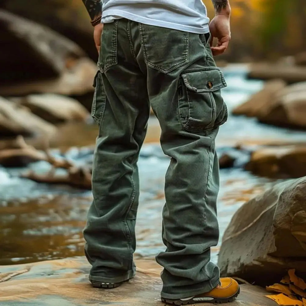 Cargo Pants for Men Retro Style Men's Corduroy Cargo Pants with Multiple Pockets Mid-rise Solid Color Trousers for Wear Long