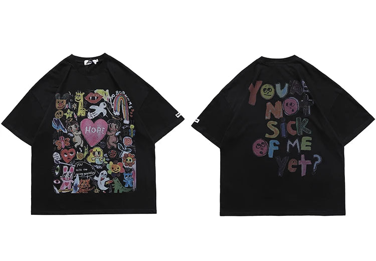 Men Oversize T Shirt Hip Hop Streetwear Painting Letter Heart Rainbow Angels Graphic Tshirt Harajuku Cotton T-Shirt Unisex