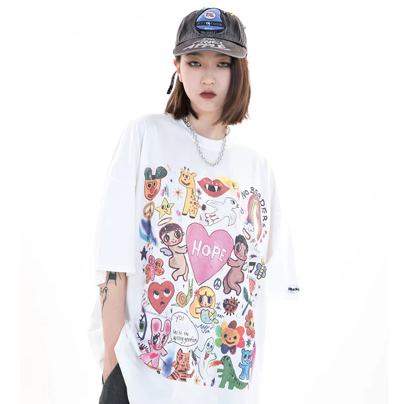 Men Oversize T Shirt Hip Hop Streetwear Painting Letter Heart Rainbow Angels Graphic Tshirt Harajuku Cotton T-Shirt Unisex