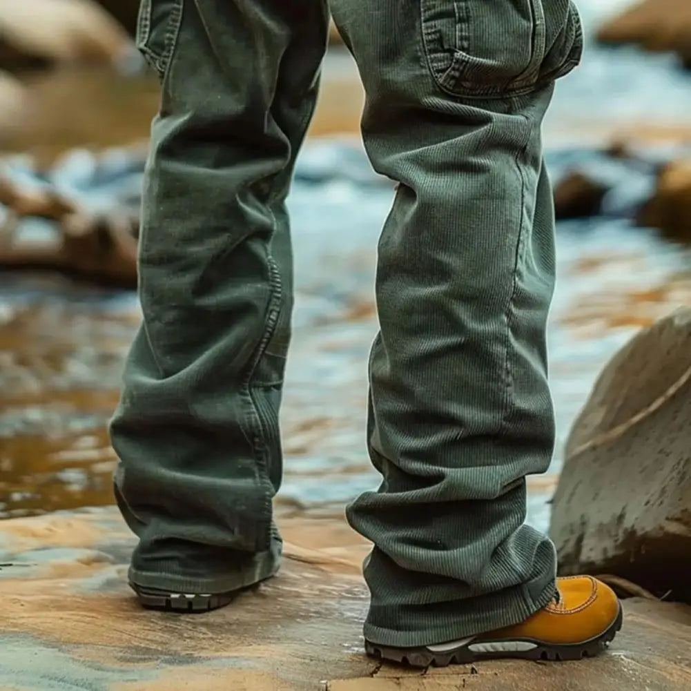 Cargo Pants for Men Retro Style Men's Corduroy Cargo Pants with Multiple Pockets Mid-rise Solid Color Trousers for Wear Long