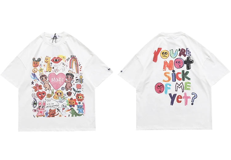 Men Oversize T Shirt Hip Hop Streetwear Painting Letter Heart Rainbow Angels Graphic Tshirt Harajuku Cotton T-Shirt Unisex