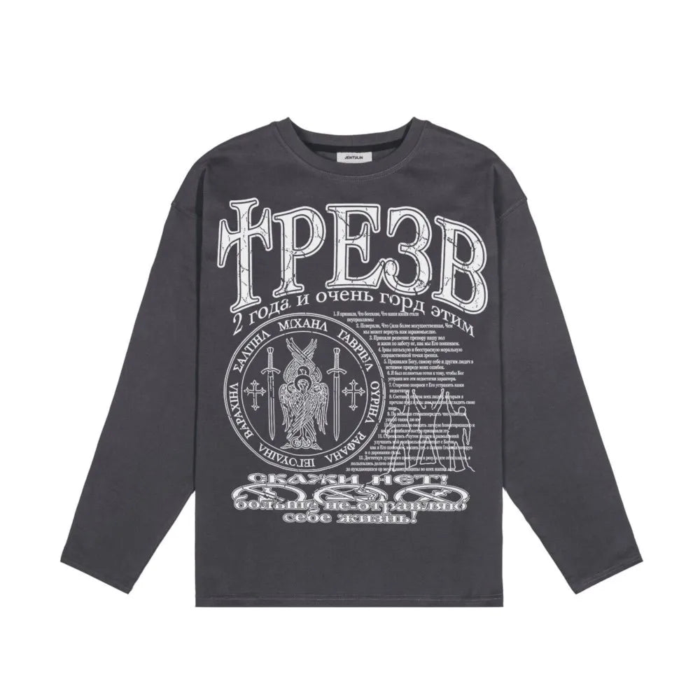 Oversized Men T-Shirt Streetwear Sober Graphic Print Autumn Hip Hop Korean