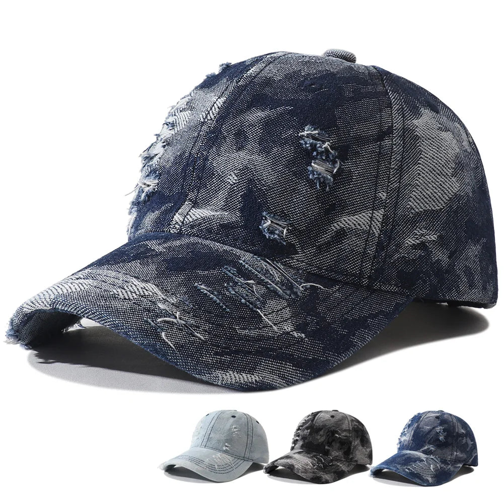 Vintage Distressed Denim Baseball Cap Adjustable Hip Hop Streetwear