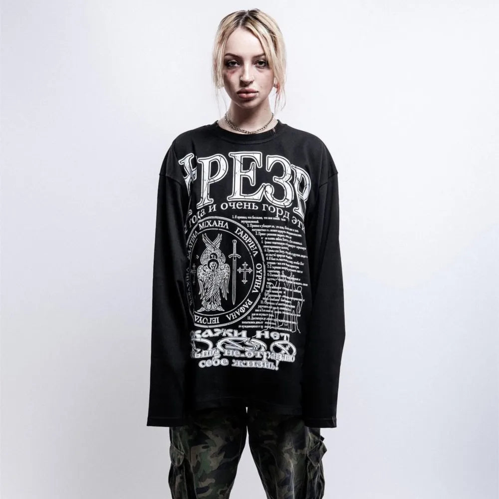 Oversized Men T-Shirt Streetwear Sober Graphic Print Autumn Hip Hop Korean