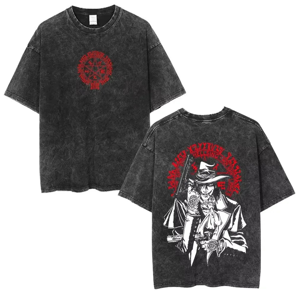 Washed Oversized T Shirt Hellsing Alucard Graphic Women Men Vintage Manga T-shirts Street Cotton Tshirt Harajuku Male Feamel Tee