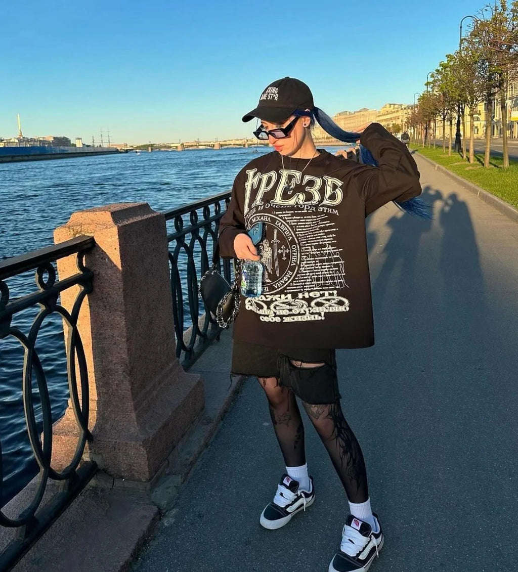 Oversized Men T-Shirt Streetwear Sober Graphic Print Autumn Hip Hop Korean