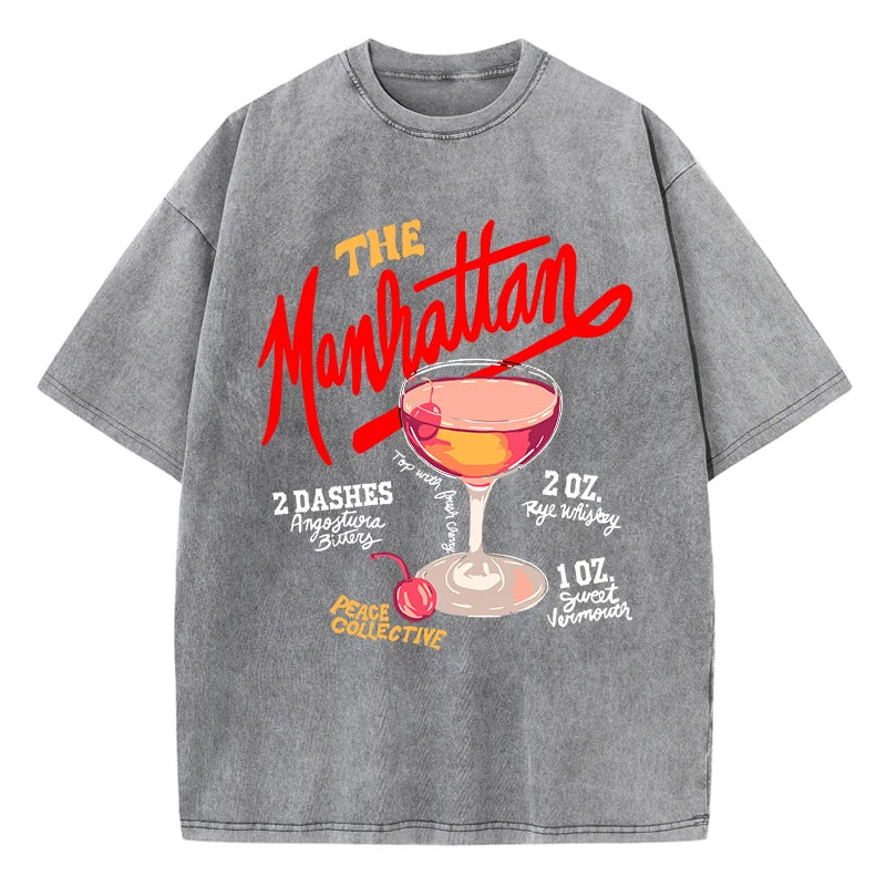 Oversized Women Washed T-Shirts The Manhattan Cherry Cocktail Printed Tee Shirts