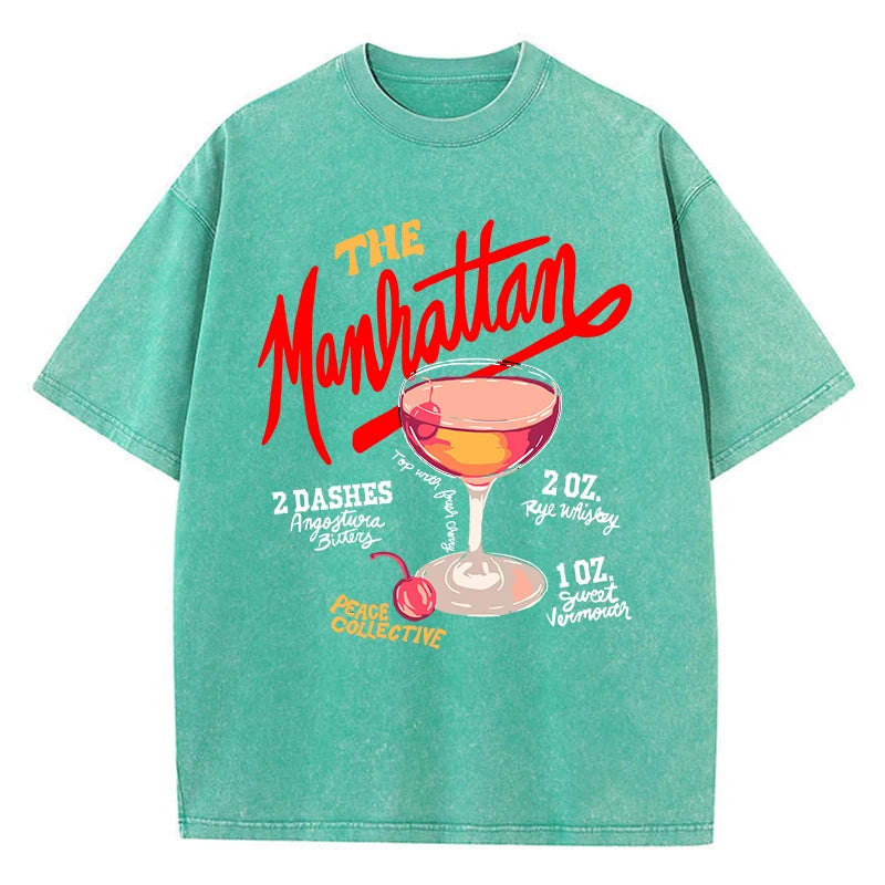 Oversized Women Washed T-Shirts The Manhattan Cherry Cocktail Printed Tee Shirts