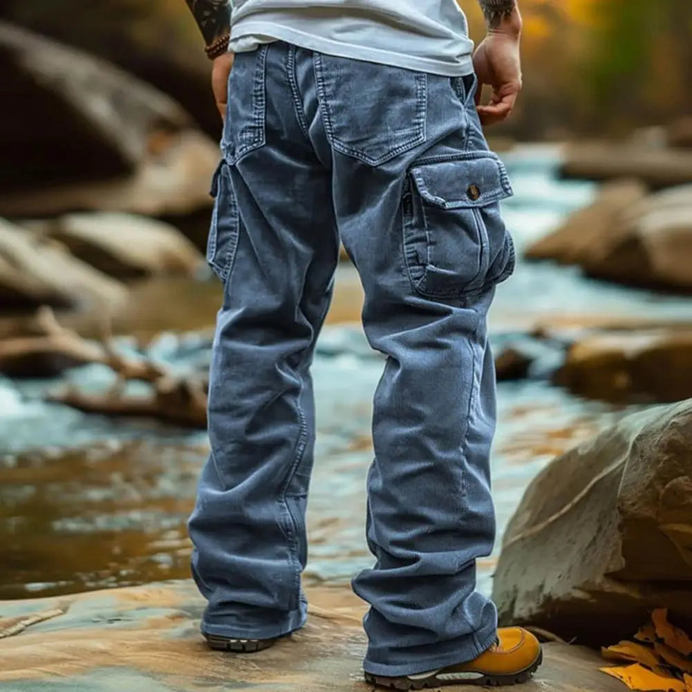 Cargo Pants for Men Retro Style Men's Corduroy Cargo Pants with Multiple Pockets Mid-rise Solid Color Trousers for Wear Long