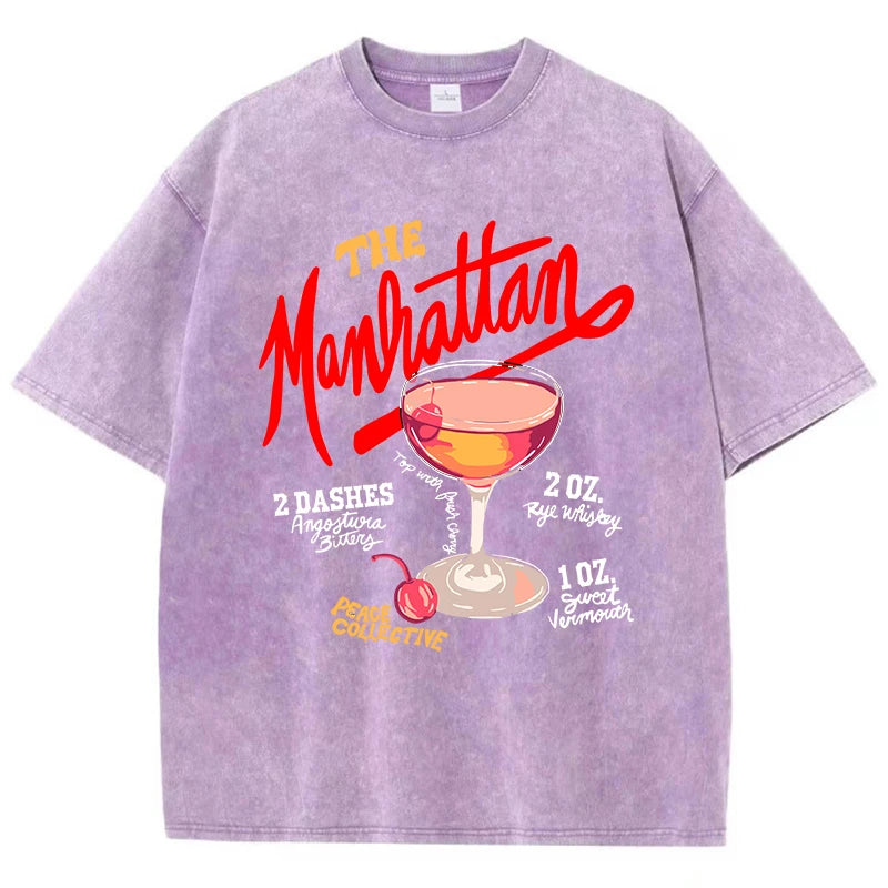 Oversized Women Washed T-Shirts The Manhattan Cherry Cocktail Printed Tee Shirts