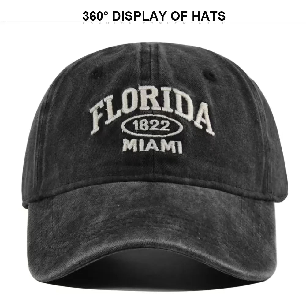 Vintage Washed Cowboy Baseball Cap for Men Women FLORIDA Embroidery