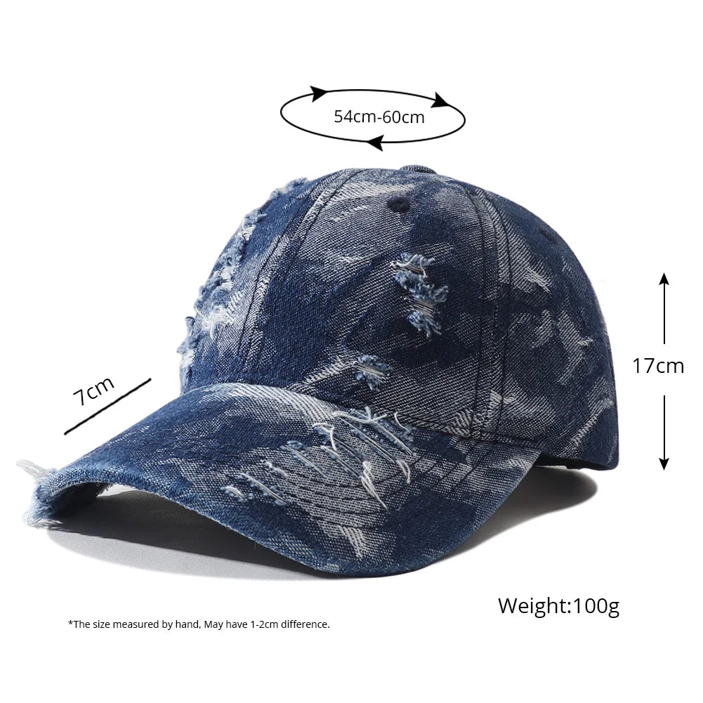 Vintage Distressed Denim Baseball Cap Adjustable Hip Hop Streetwear