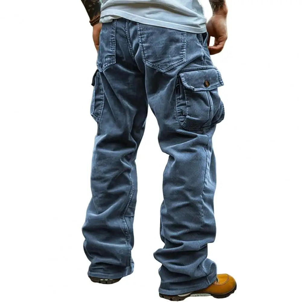 Cargo Pants for Men Retro Style Men's Corduroy Cargo Pants with Multiple Pockets Mid-rise Solid Color Trousers for Wear Long
