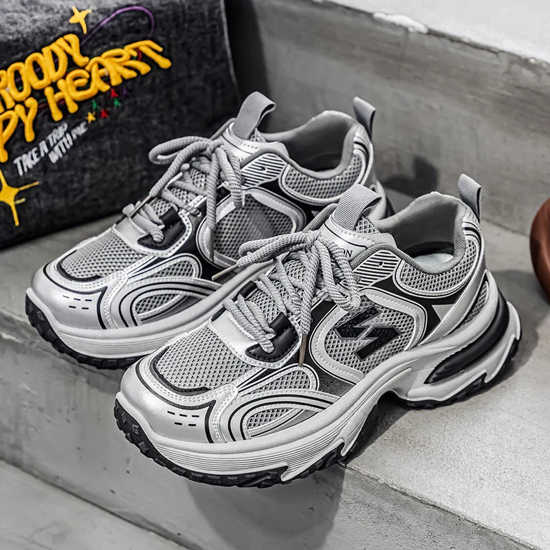 Trendy Unisex Chunky Dad Sneakers | Silver Black Retro Couple Shoes