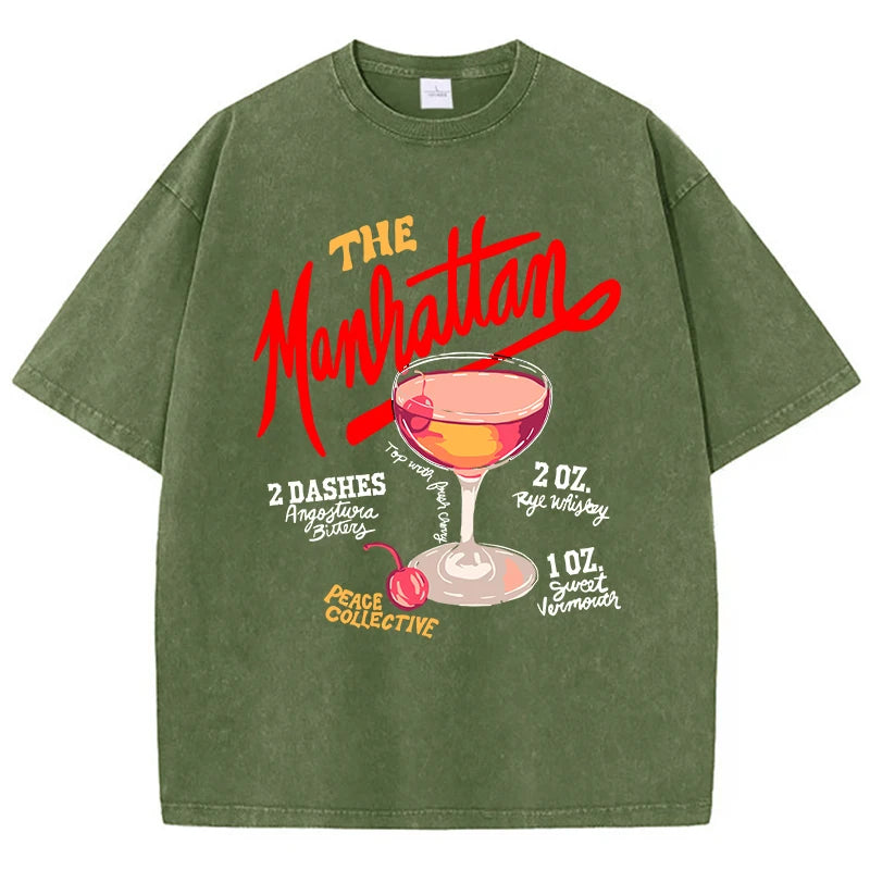 Oversized Women Washed T-Shirts The Manhattan Cherry Cocktail Printed Tee Shirts