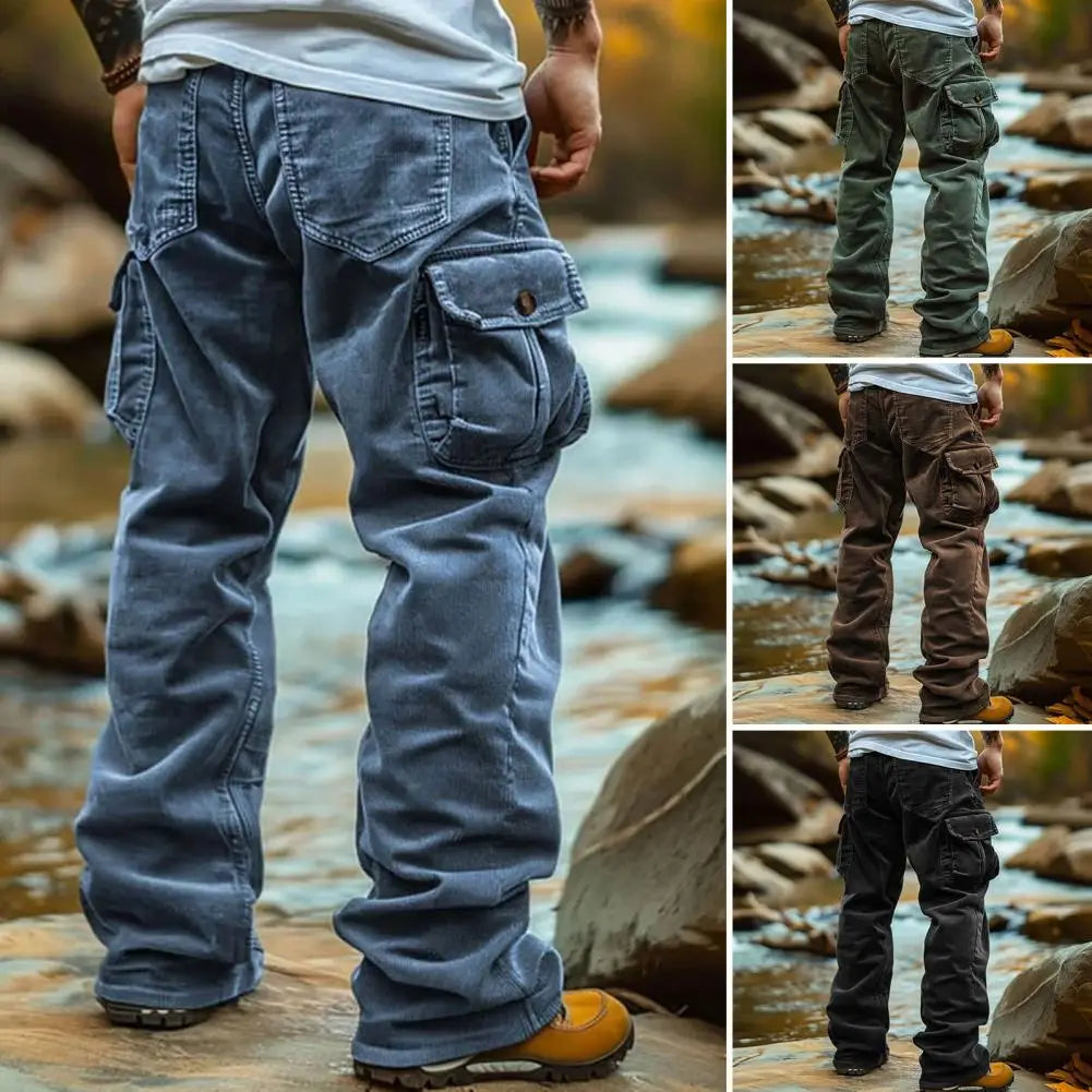 Cargo Pants for Men Retro Style Men's Corduroy Cargo Pants with Multiple Pockets Mid-rise Solid Color Trousers for Wear Long