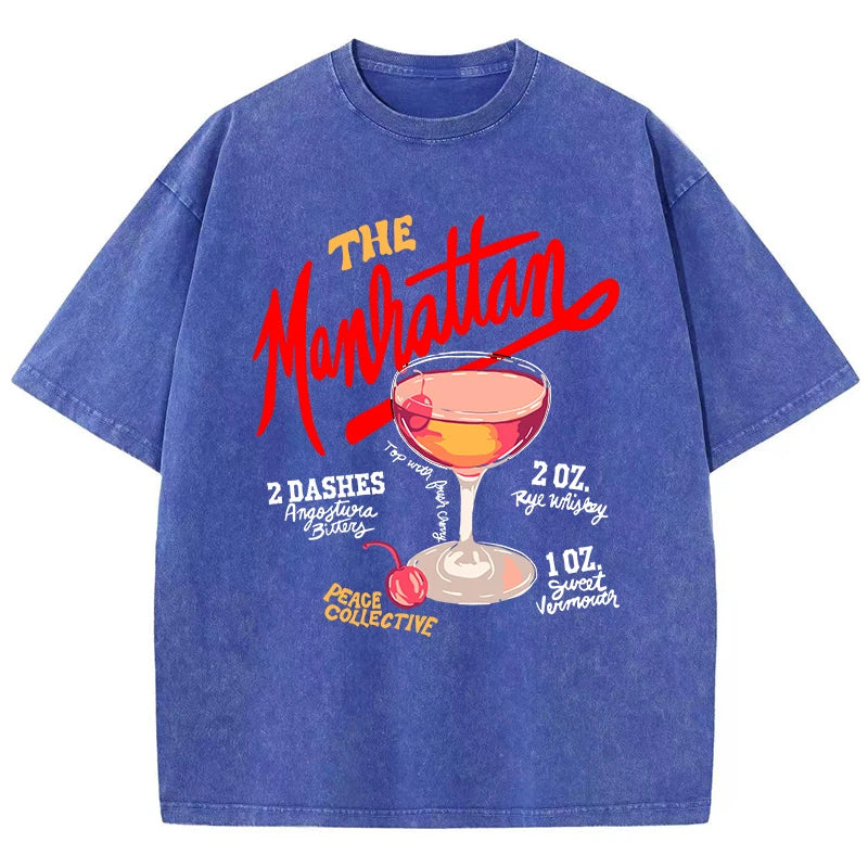 Oversized Women Washed T-Shirts The Manhattan Cherry Cocktail Printed Tee Shirts