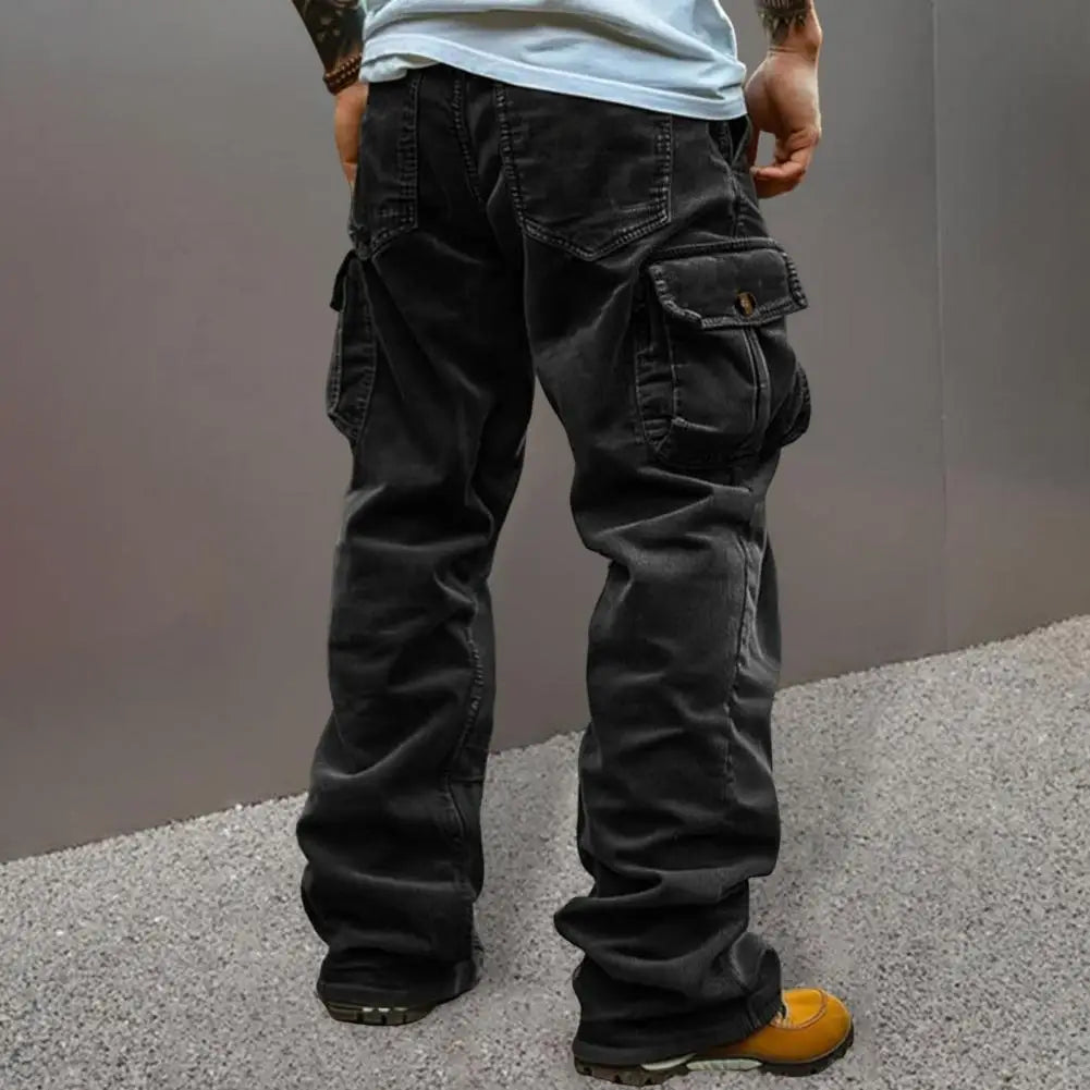 Cargo Pants for Men Retro Style Men's Corduroy Cargo Pants with Multiple Pockets Mid-rise Solid Color Trousers for Wear Long